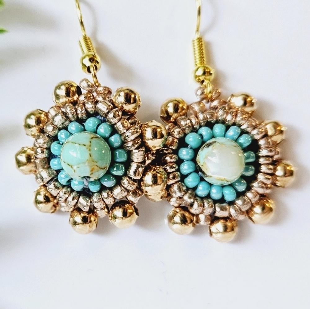 Turquoise + Gold Mini Shield Beaded Indigenous Hoop Earrings | Handmade